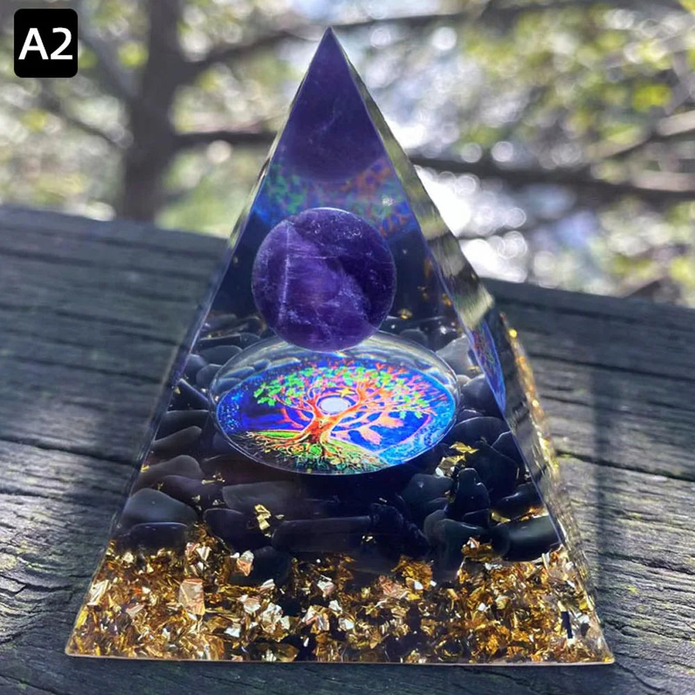 6Cm Energy Pyramid Orgonite Reiki Natural Amethyst Ball Healing Crystal Chakra Tool Ornaments Resin Stones Home Decoration Gifts