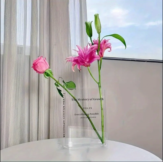 Book-Shaped Acrylic Vase – Clear Transparent Flower Vase for Modern Home & Office Decor